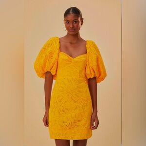 Farm Rio Yellow Monstera Eyelet Short Sleeve Mini Dress